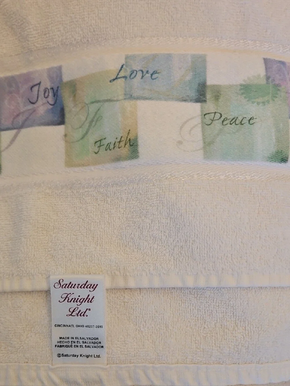 Saturday Knight Ltd. White Decorative Towels with Pastel Faith/Love/Peace Border